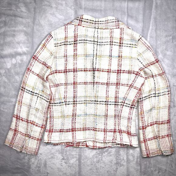 Zara Cream Red Plaid Boucle Cropped Tweed Blazer Jacket Sz 6 Deconstructed Chic - Picture 3 of 14